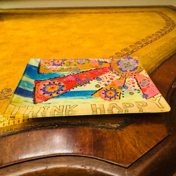 Natural Life Gold Foiled Glass Tray THINK HAPPY NEW - Picture 2 of 3